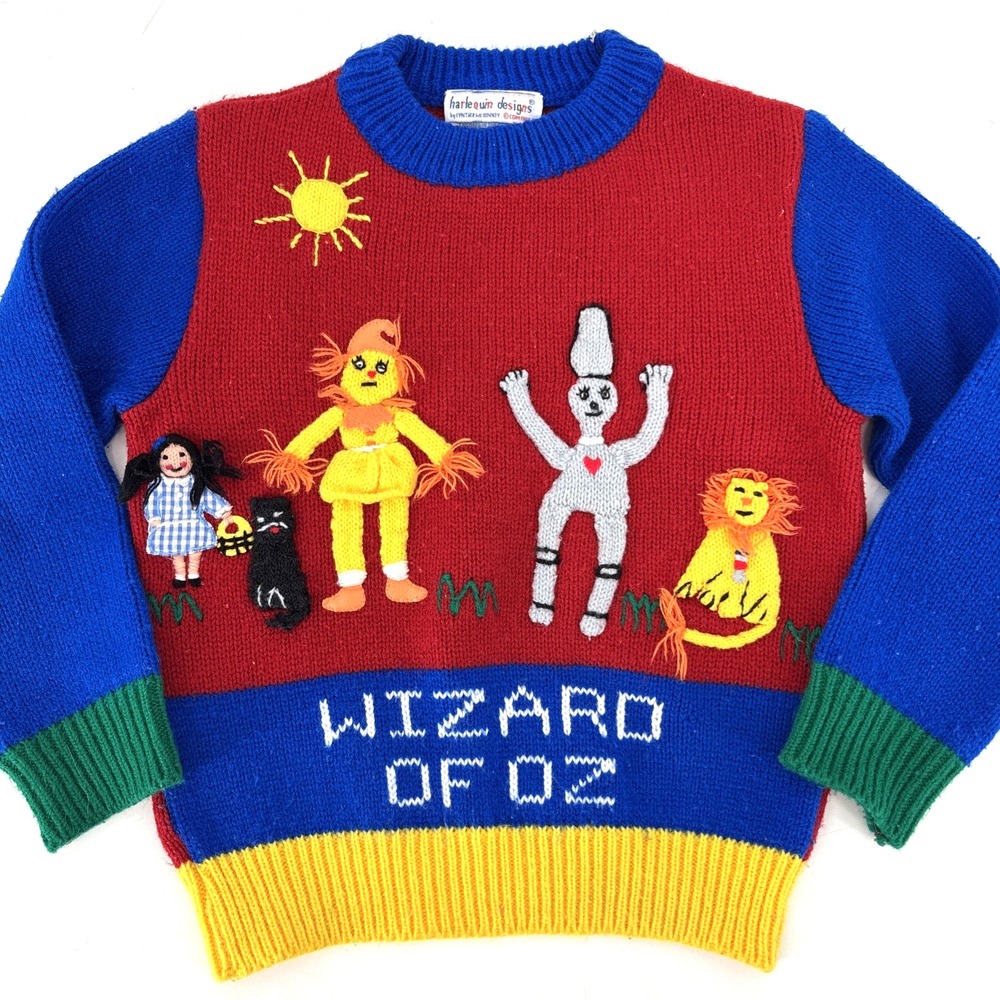 Harlequin Designs Wizard of Oz embroidered‎ sweater Child Size 4 VTG 80s Rare 3D